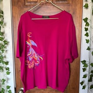 LAUREN RALPH LAUREN Embroidered Peacock 100% Cotton Scoopneck Tee Fuschia |  3X